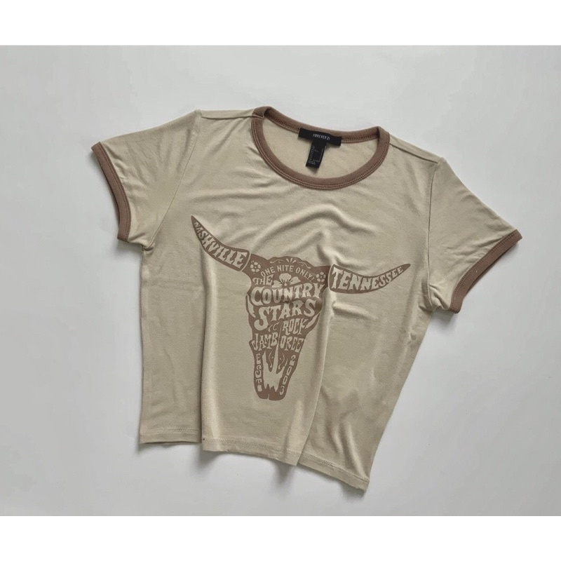 Áo croptop thun cotton kem in đầu trâu