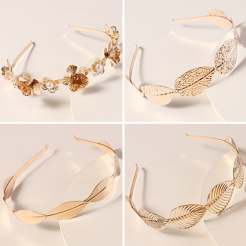 Băng Đô Cài Tóc Kim Loại Hình Lá Mạ Vàng Cổ Điển Cho Nữ