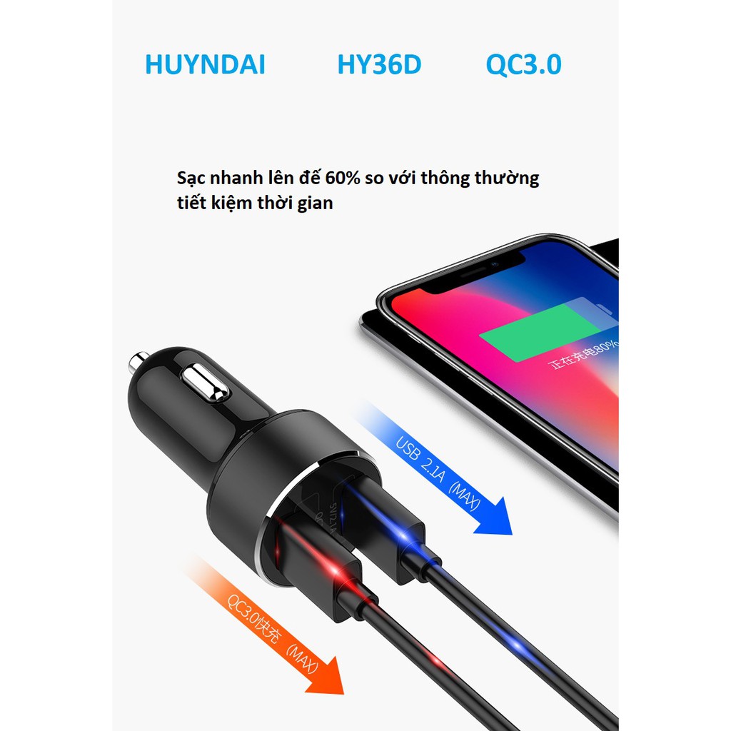 Tẩu sạc nhanh HUYNDAI QC3.0, tẩu sạc ô tô, xe hơi tích hợp hai cổng USB ( Màu đen) HY-36D