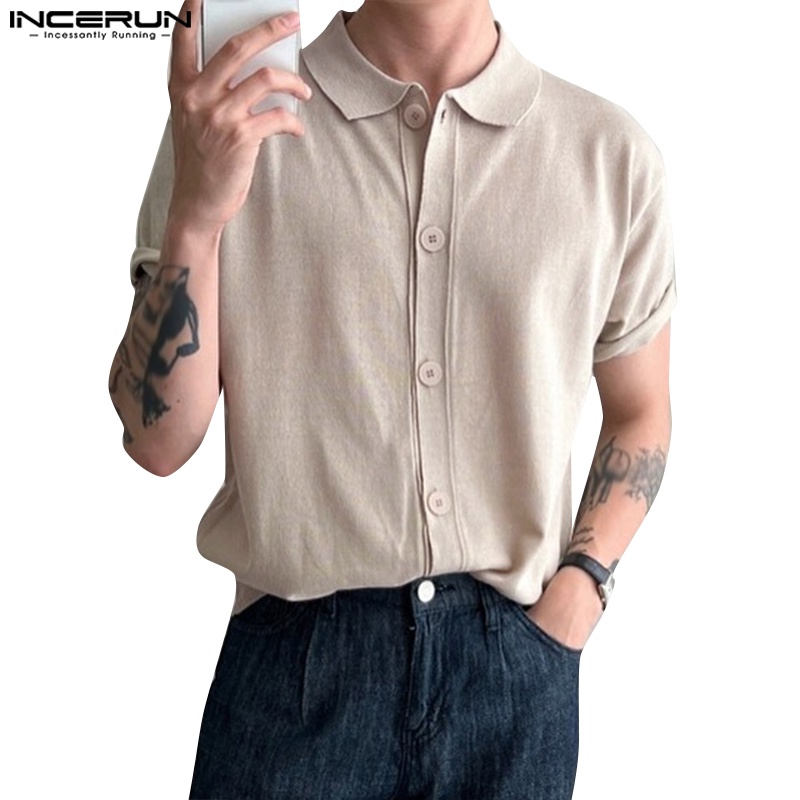 Áo INCERUN vải dệt kim ngắn tay màu trơn thời trang cho nam