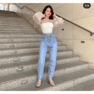 Baggy Jeans Lưng Cao 2 Nút Đai nút