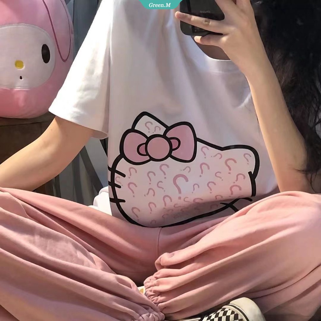 SANRIO Áo Thun Tay Ngắn Cổ Tròn In Hình Mèo Hello Kitty Phong Cách Gothic Thời Trang Mùa Hè Cho Nữ