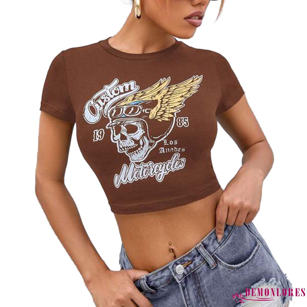 Áo Croptop Tay Ngắn Cổ Tròn In Hình Đầu Lâu Và Chữ Thời Trang Mùa Hè Cho Nữ