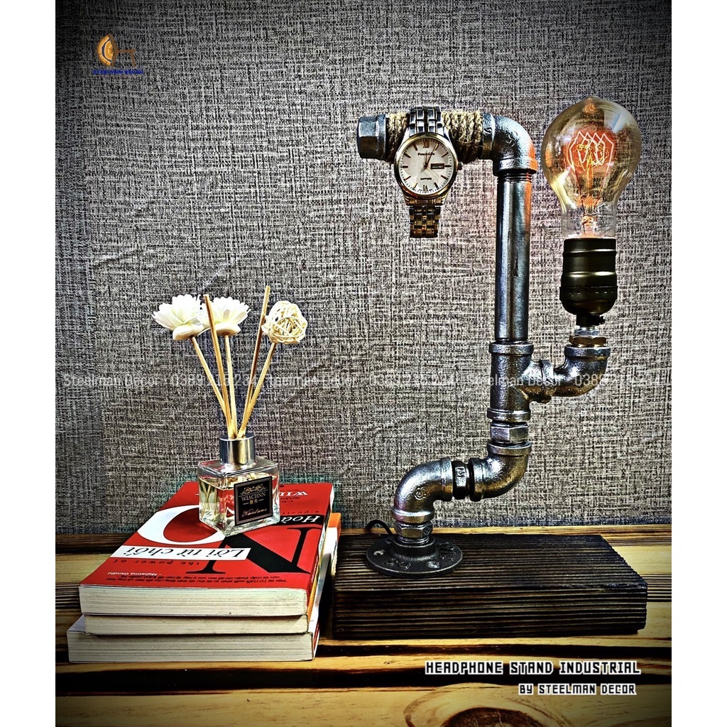 Giá Đỡ Tai Nghe, Đồng Hồ Kiêm Đèn Sợi Đốt Cổ Điển Industrial Steampunk Lamp  - Kệ treo HEADPHONE STAND - Đế gỗ tự nhiên