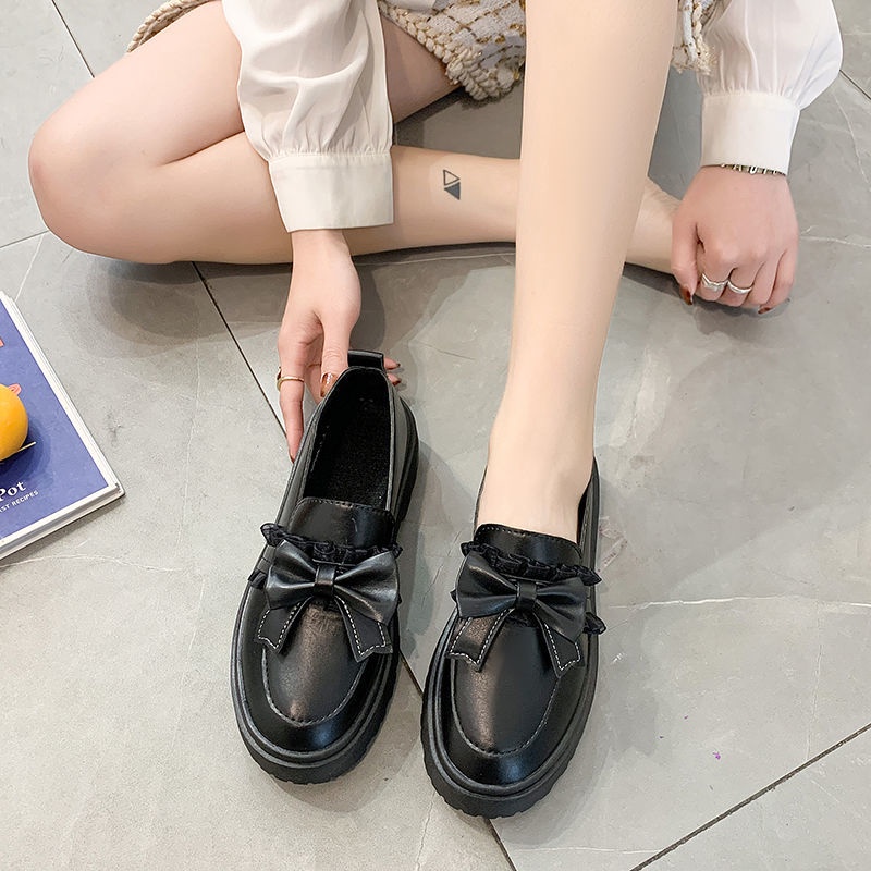 Giày da đế dày tăng chiều cao phối nơ thời trang Anh Quốc 2021