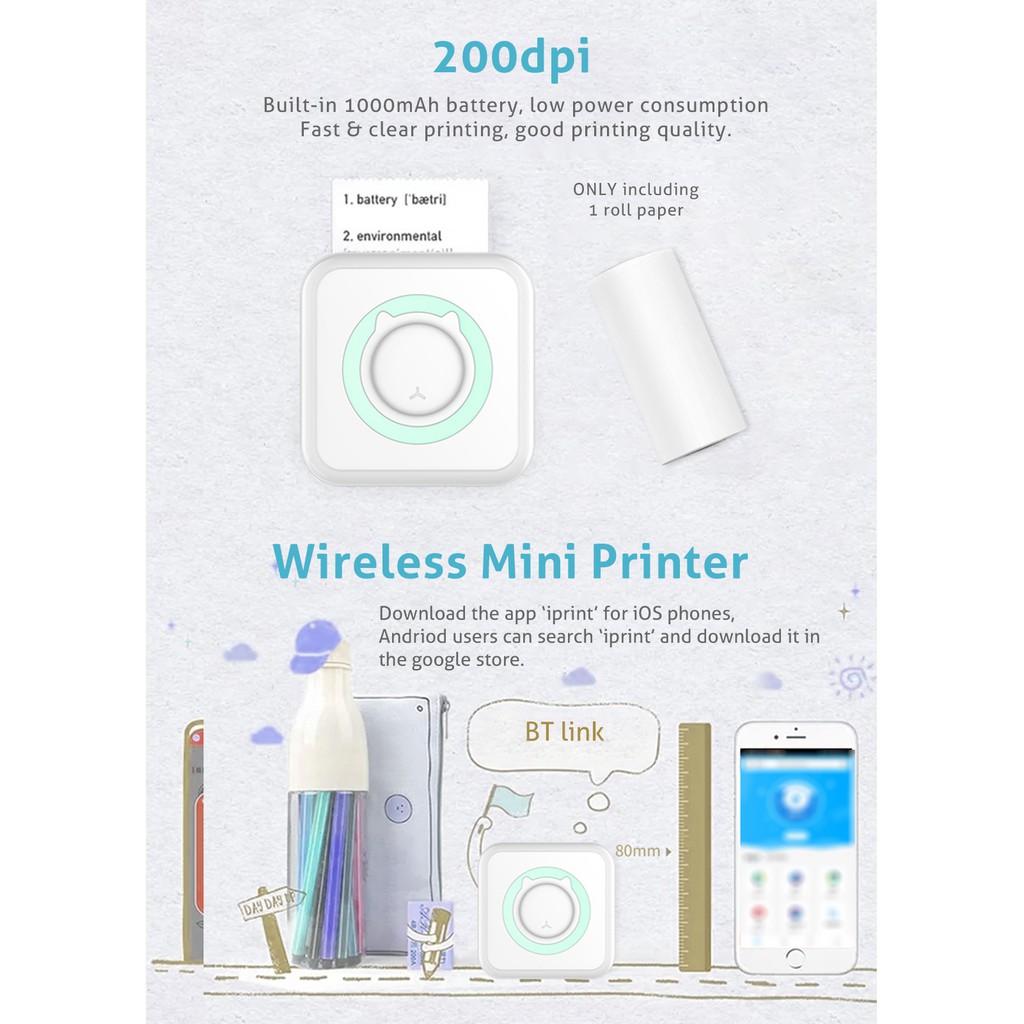 Máy In Ảnh Mini Không Dây Bt 200dpi Kèm 1 Cuộn Giấy In | BigBuy360 - bigbuy360.vn