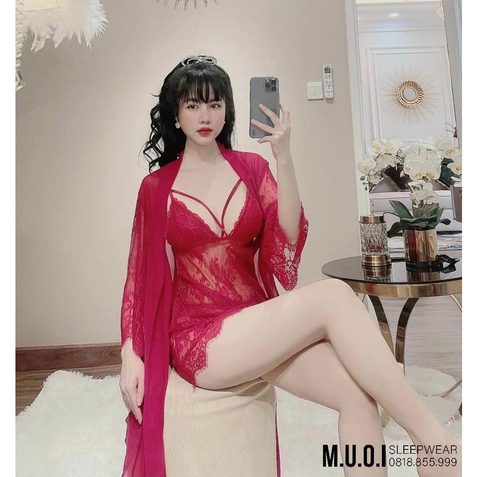 [FREESHIP]  SX 68 -Set váy ngủ ren kèm choàng cao cấp Muối Sleepwear- Sẵn( video+ảnh thật)