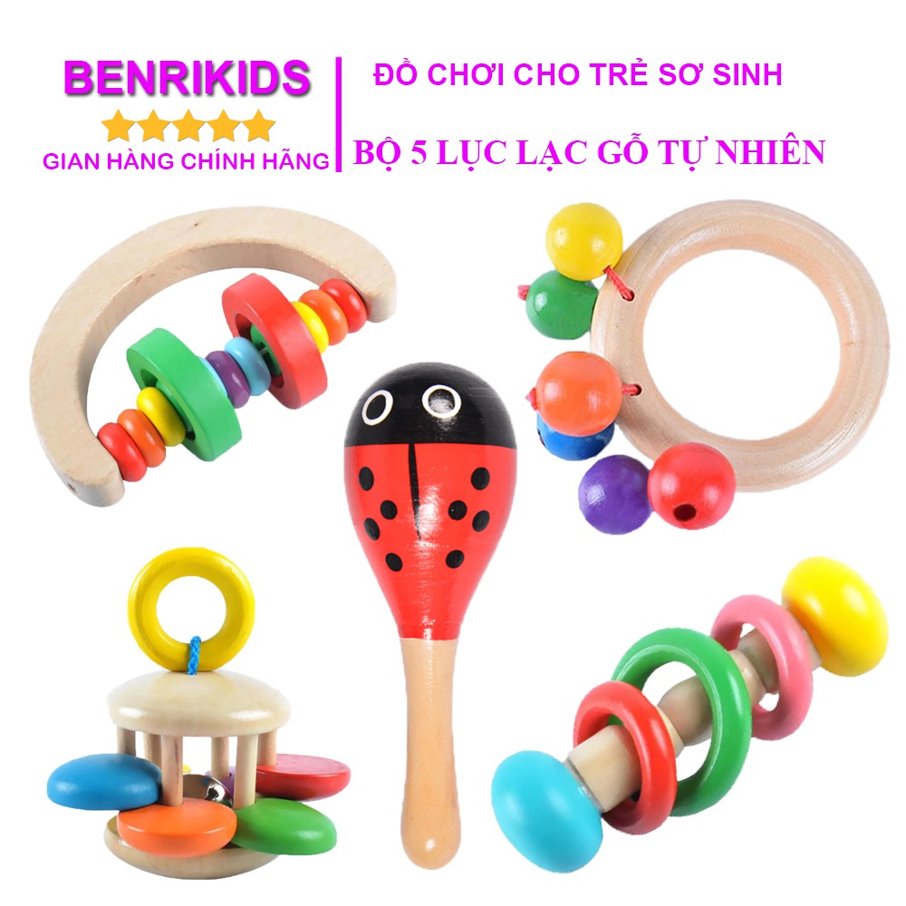 Đồ Chơi Benrikids Xúc Xắc Lục Lạc Cầm Tay Bộ 5 Cái Bằng Gỗ Lắc Âm Thanh Vui Nhộn Cho Bé