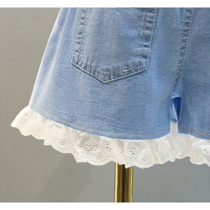 Quần Short Denim Dáng Rộng Viền Ren Phong Cách Hàn Quốc Thời Trang Mùa Hè Hàng Mới Phong Cách Hàn Quốc Cho Bé Gái
