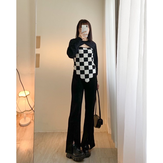Set áo cardigan kèm áo dây bản caro 097