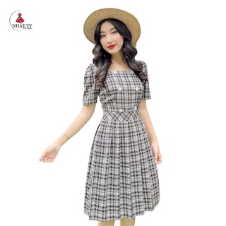 Đầm Nữ NHẬT VY Caro Cổ Vuông Phối Cúc Tay Ngắn Chất Caro Mềm Công Sở Màu Xanh, Đen, Nude - D2203