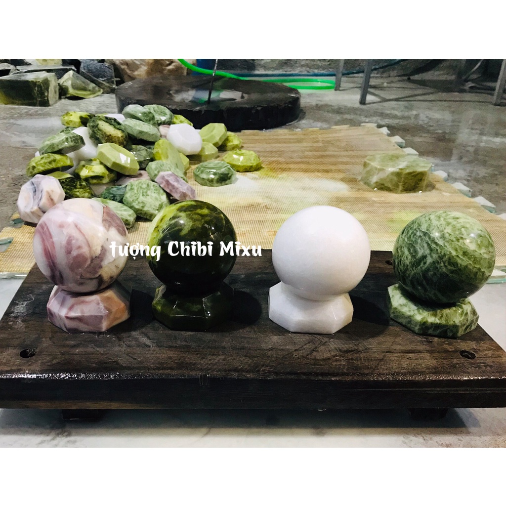 Bi cầu đá Serpentine 6.5cm kèm đế đá phong thủy