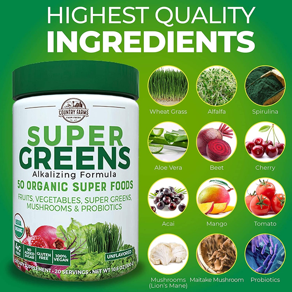 Bột rau củ hữu cơ rau xanh Country Farms Super Greens 50 Organic Super Foods 300g