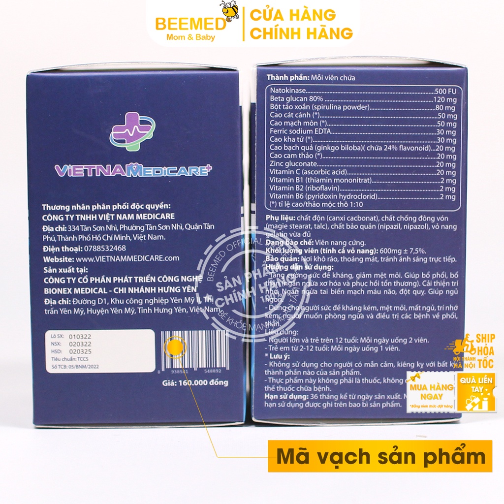 Bổ phổi, phục hồi sức khỏe sau ốm - Bổ phổi LUNG RECOVERY Hộp 30 viên - giúp ngủ ngon, tăng đề kháng từ bột tảo xoắn