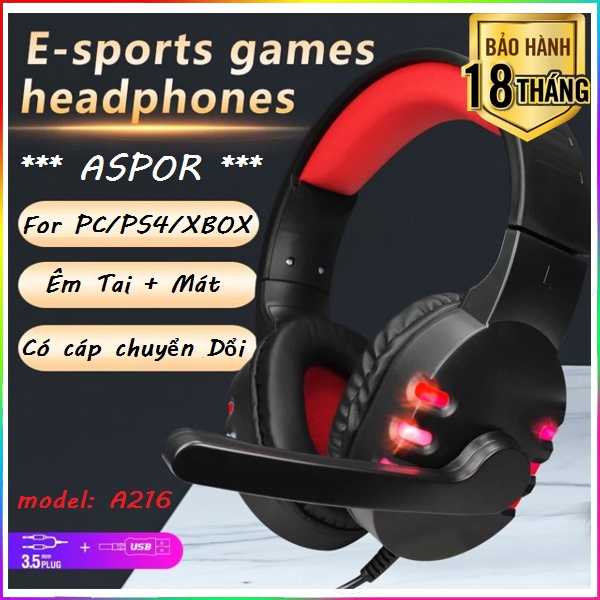 FOR PC/PS3/PS4/XBOX Tai Nghe Gaming Chính Hãng ASPOR A216, Có MIC, Hỗ Trợ PS4/XB1S/XBXS/PC/Laptop/Điện Thoại...
