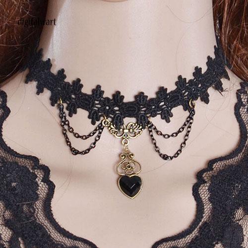 Vòng cổ choker phối ren mặt hình trái tim đính đá quý nhân tạo phong cách gothic cá tính dành cho nữ