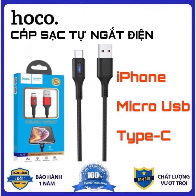 Cáp sạc hoco u79 tự ngắt thông minh cho iphone type c micro samsung chính hãng