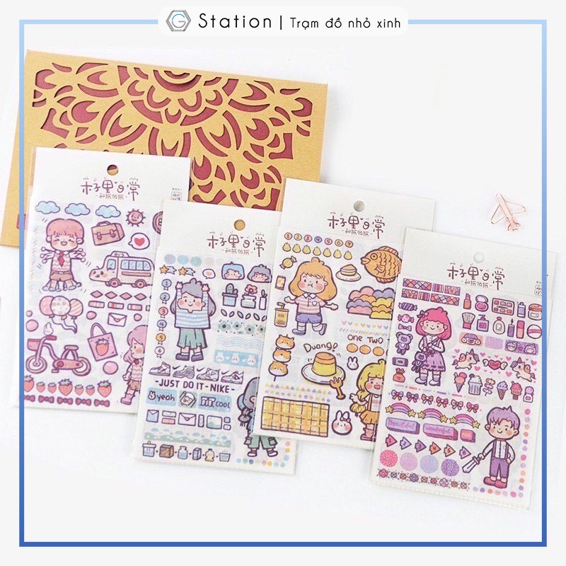 Combo 04 miếng sticker dán sổ hình cute girl ver1 dùng dán trang trí sketchbook/ tập vở/ nhật ký - VP031
