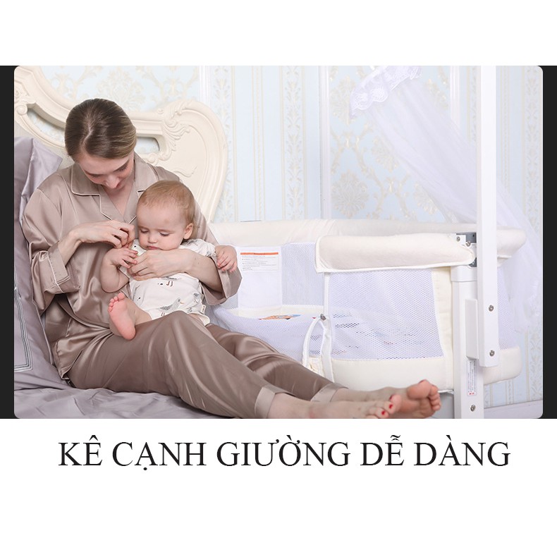 Nôi, cũi kề giường đa năng, giường cũi gấp gọn có 6 bánh xe di chuyển cho bé