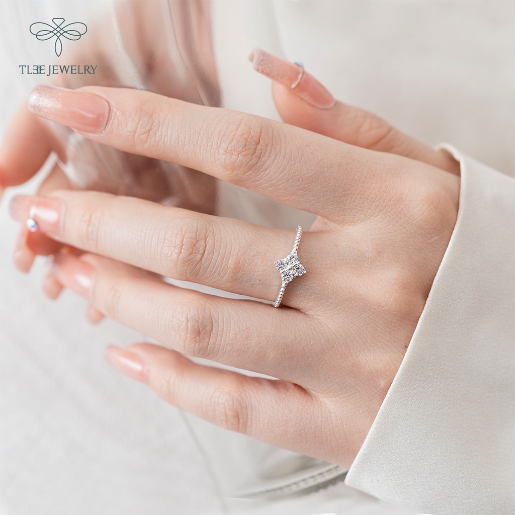 Nhẫn bạc nữ TLEE bốn lá hình thoi viền đính đá nữ tính NCJ A0195