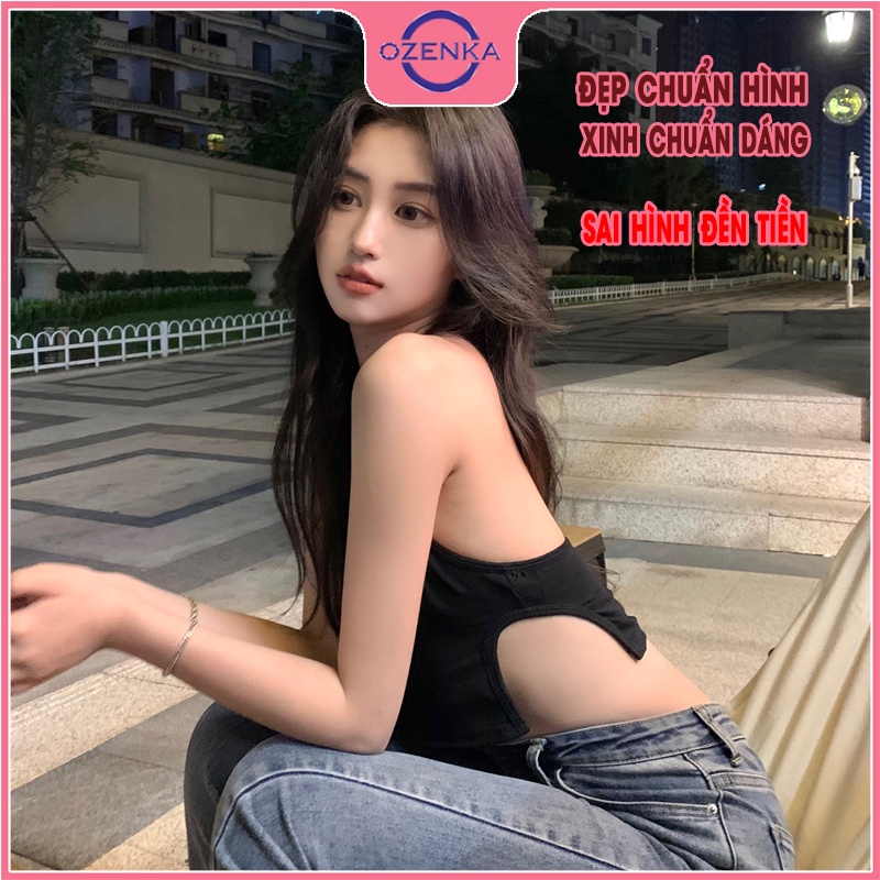 Áo ba lỗ nữ croptop ôm gợi cảm OZENKA , ao thun sát nách sẻ gấu hở lưng sang chảnh mặc đi chơi đi biển màu đen trắng