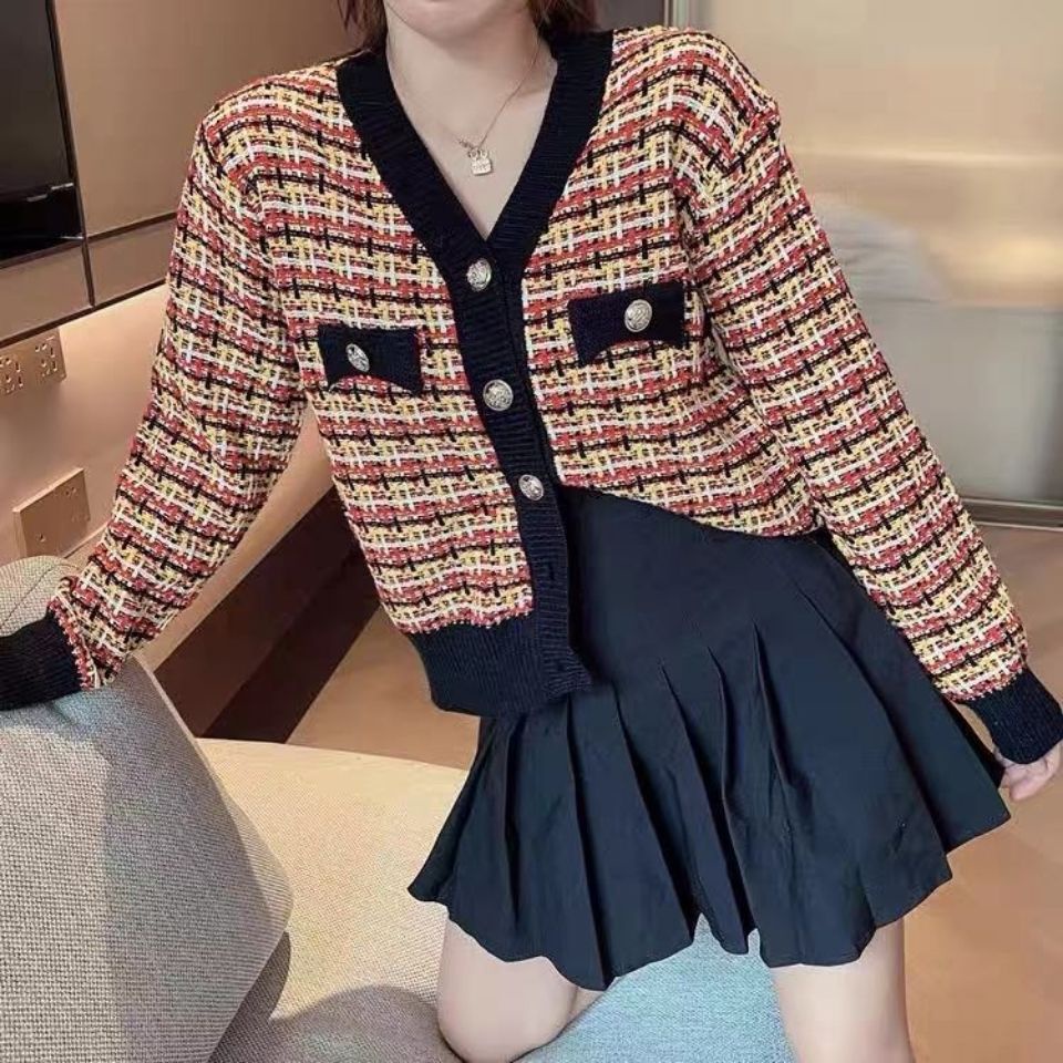 Áo khoác len cardigan họa tiết sọc caro phong cách Hàn Quốc thời trang cho nữ