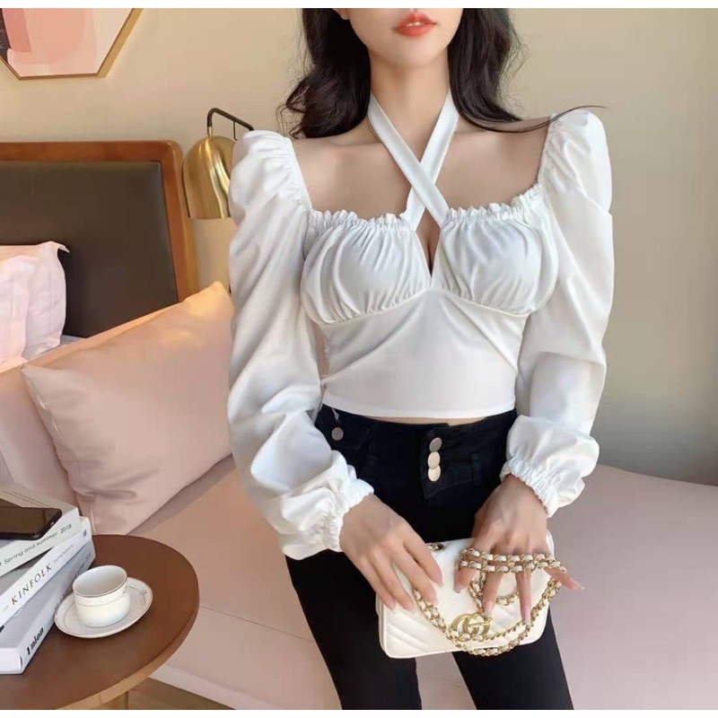 [Có sẵn+ảnh thật] Áo sơmi thắt nơ ngực croptop bèo nhún sexy | BigBuy360 - bigbuy360.vn