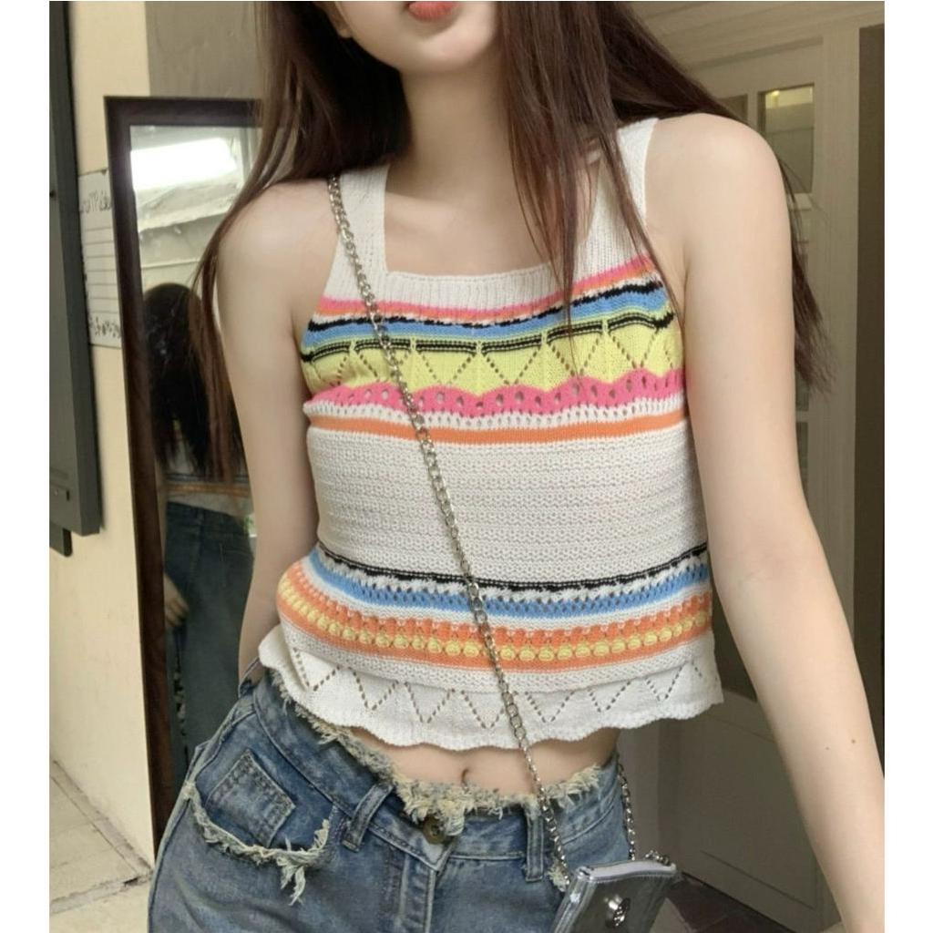 ZHELIHANGFEI Áo Dệt Kim Không Tay Màu Sắc Tương Phản Phong Cách Retro Dành Cho Nữ