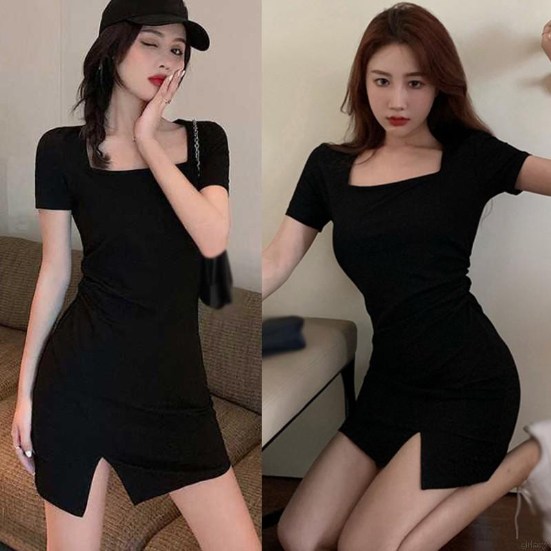 Đầm Tay Ngắn Cổ Vuông Màu Trơn Thiết Kế Xẻ Tà Phong Cách Retro Pháp