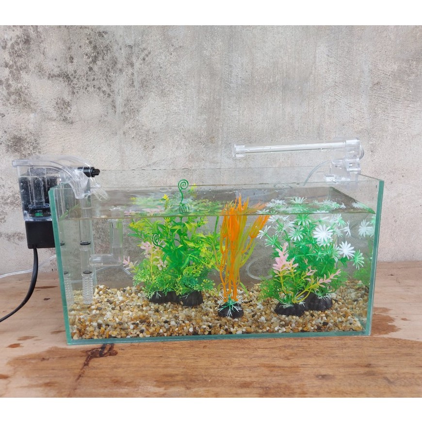 Bể cá mini 33 cm với 7 món (bể, sỏi nền, máy lọc nước, men pha lê, cây nhựa mini, 2 cây nhựa cỡ vừa)