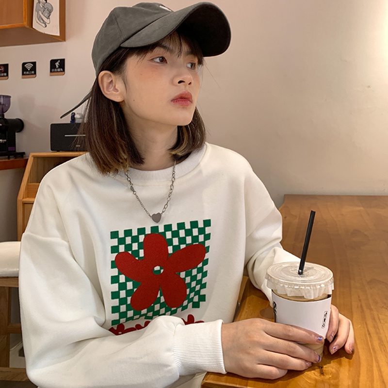 【ZHELIHANGFEI】Áo Thun Nỉ Tay Dài Dáng Rộng In Hoa Phối Họa Tiết Ván Trượt Dễ Phối Đồ