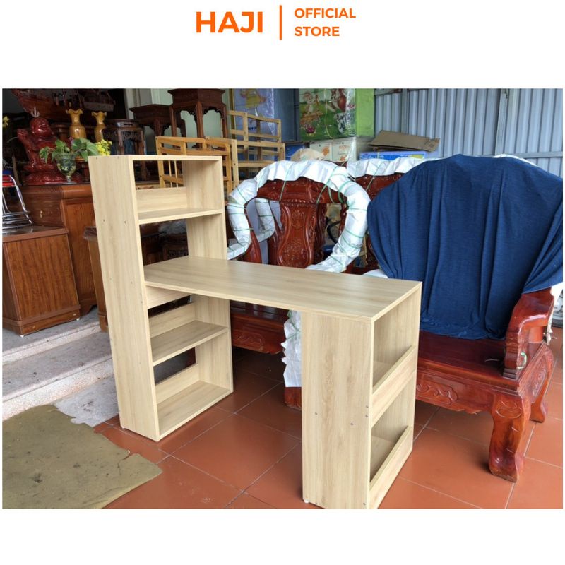 Bàn học gỗ HAJI chắc chắn hiện đại kết hợp kệ đa tầng giúp lưu trữ vật dụng tối đa A04