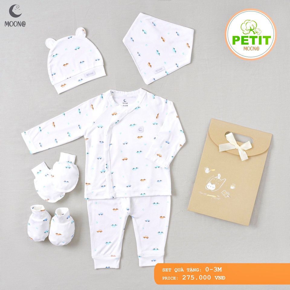 [Gian hàng CHÍNH HÃNG MOON@] Set hộp quà sơ sinh petit 5 chi tiết Moona BST xe, sao, chấm bi