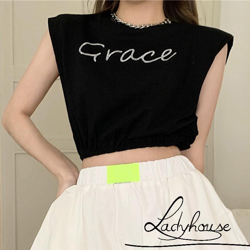 Áo Croptop Không Tay Cổ Tròn In Chữ Đính Đá Dành Cho Nữ