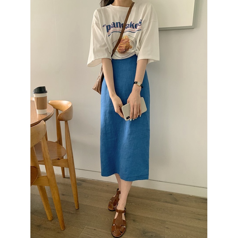 Áo thun tay ngắn cổ tròn họa tiết in chữ/ Chân váy lưng cao thời trang cho nữ 43420 (có bán lẻ)