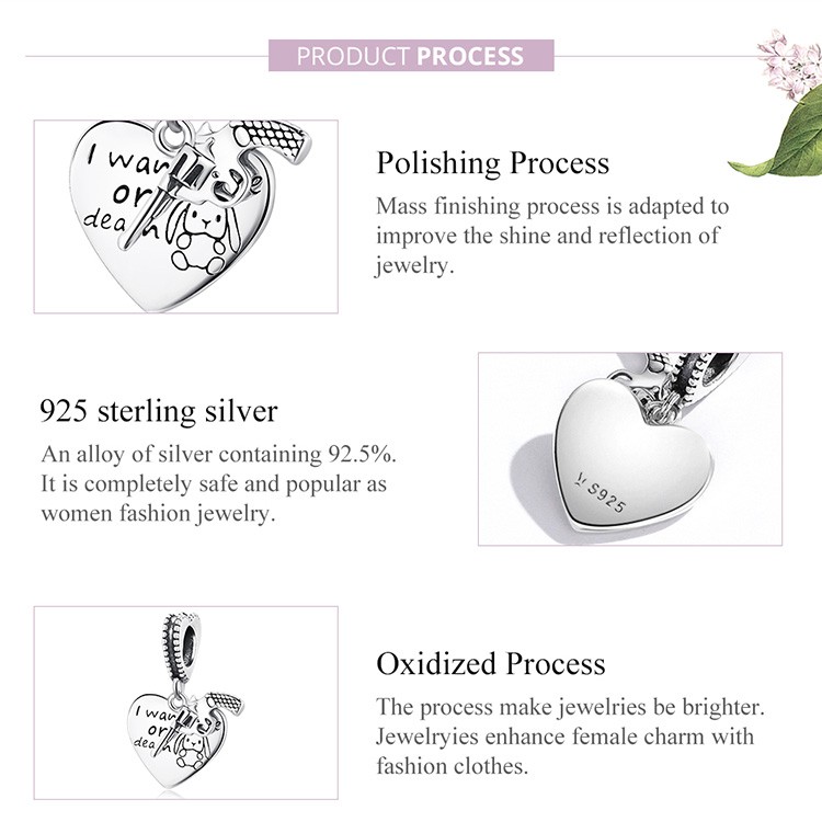 Mặt vòng tay/dây chuyền BAMOER Scc1993 bằng bạc 925 hình trái tim và súng lục lỗ 4.5mm thích hợp cho DIY