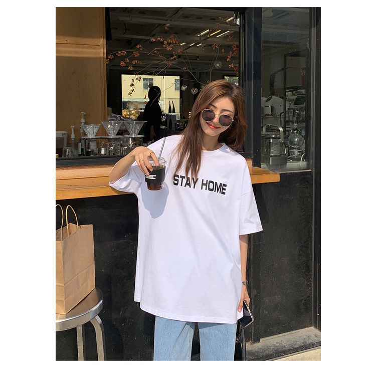 Áo thun cổ tròn tay ngắn form rộng cá tính hoạ tiết in chữ thời trang cho nữ
