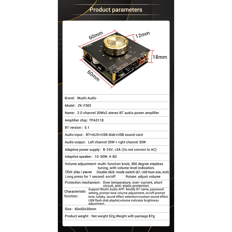Mô Đun Khuếch Đại Âm Thanh Bluetooth TPA3118 30W+30W ZK-F302
