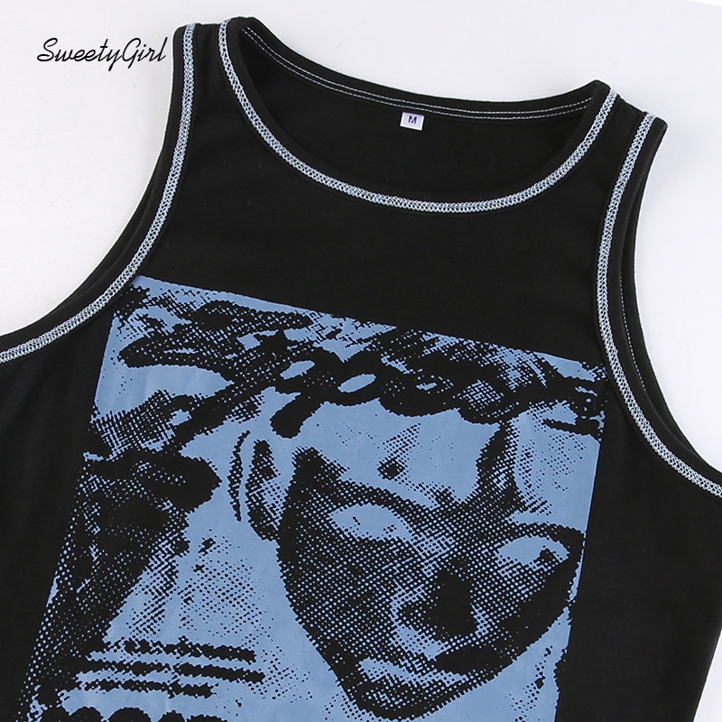 Áo Tank Top Cổ Tròn In Họa Tiết Hoạt Hình Màu Sắc Tương Phản Phong Cách Đường Phố Thời Trang Cho Nữ