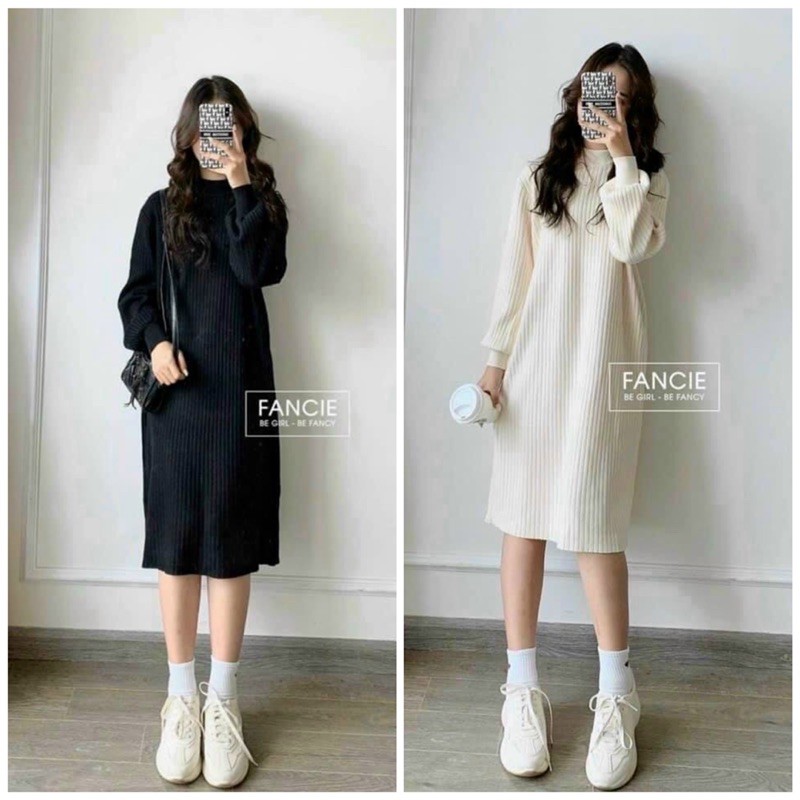 Váy len gân suông nữ dáng dài đầm mặc đi dự tiệc đi chơi cao cấp