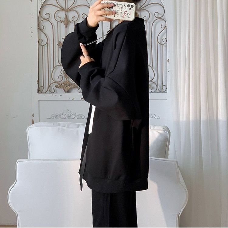 Áo Sweater Phối Dây Ruy Băng Trắng Đen Kiểu Hồng Kông Cá Tính Cho Nam