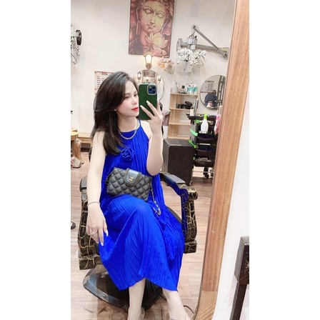 [Hàng đẹp]Đầm maxi dập ly 2 dây dáng suông kèm hoa trên ngực siêu cưng-hình thật. alohashop91