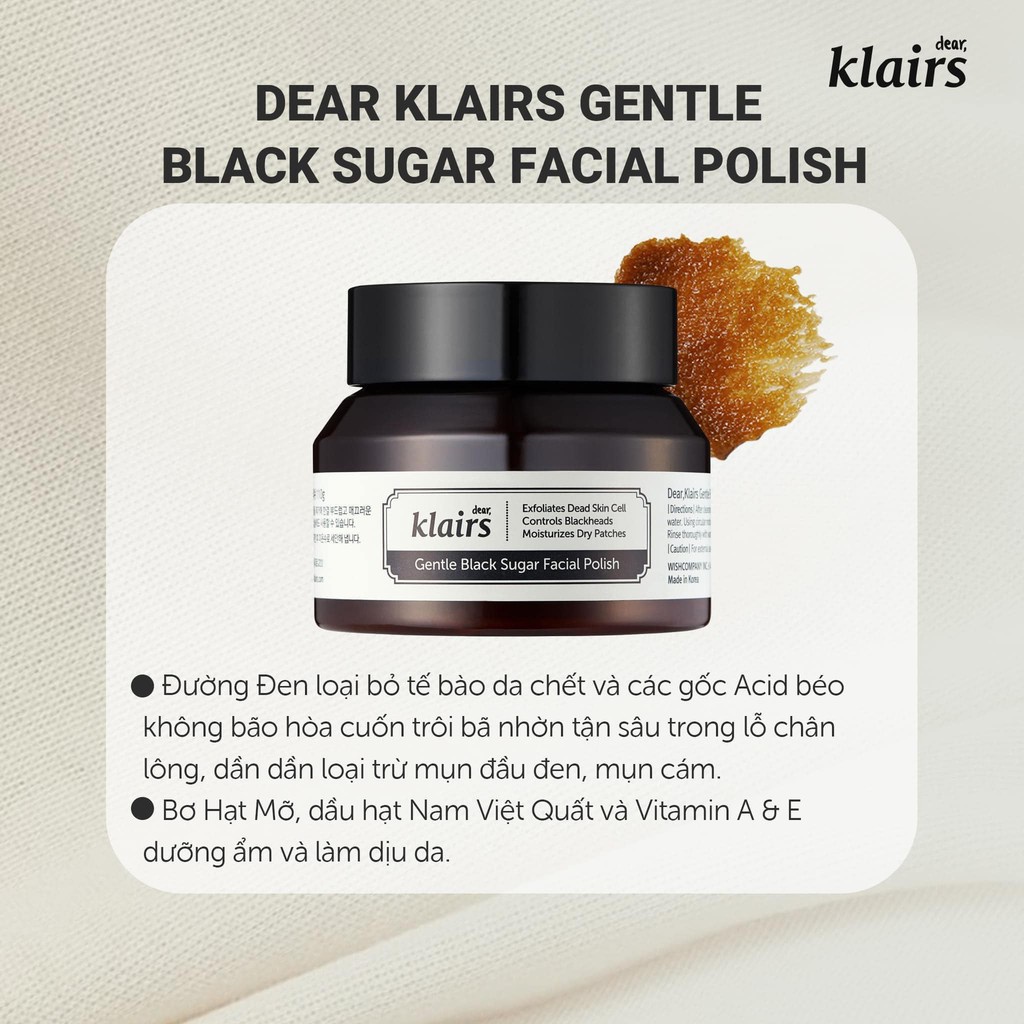 Tẩy Tế Bào Chết Làm Giảm Mụn Đầu Đen Với Đường Đen Dear, Klairs Gentle Black Sugar Facial Polish 110g - Khongcoson