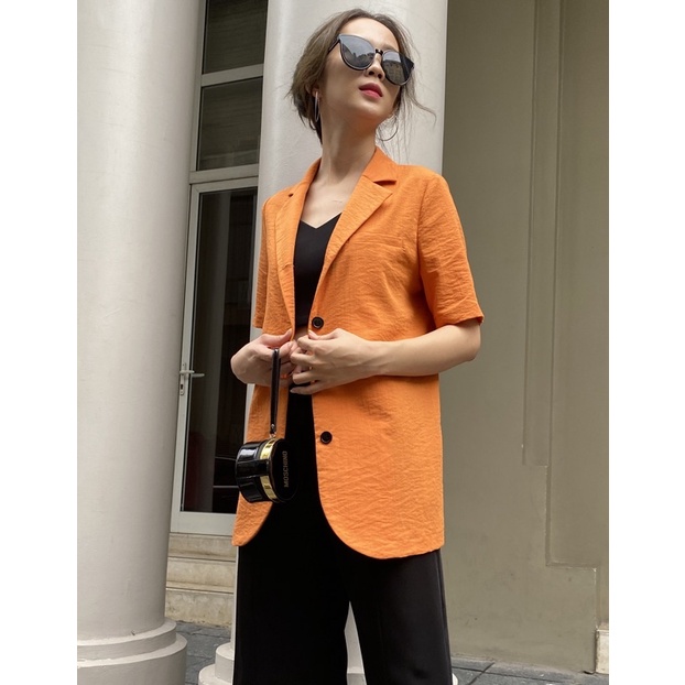 Áo blazer nữ 1 lớp dáng dài tay ngắn 4 khuy dọc hàng thiết kế Huien Design thời trang công sở trẻ trung, màu sắc