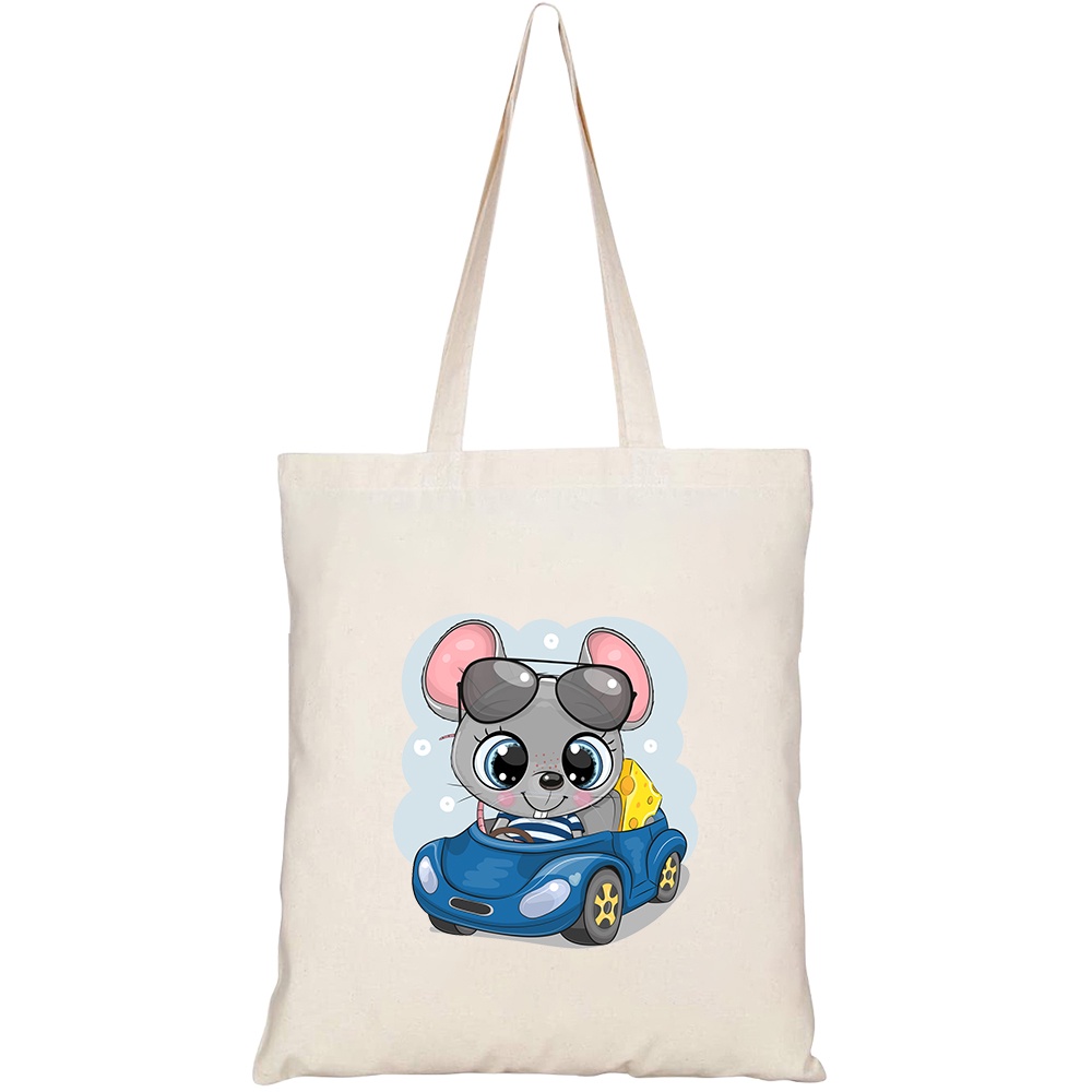 Túi vải tote canvas HTFashion in hình cute cartoon mouse cheese glasses HT395