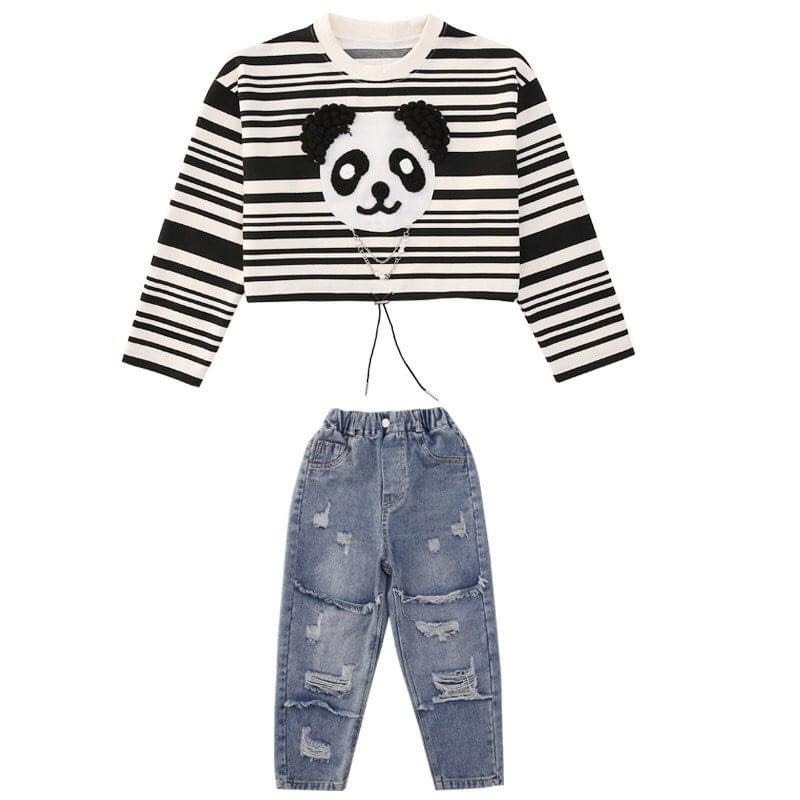 Sét quần áo thể thao bé gái, set áo kẻ gấu Panda phối quần bò baggy rách cá tính cho bé