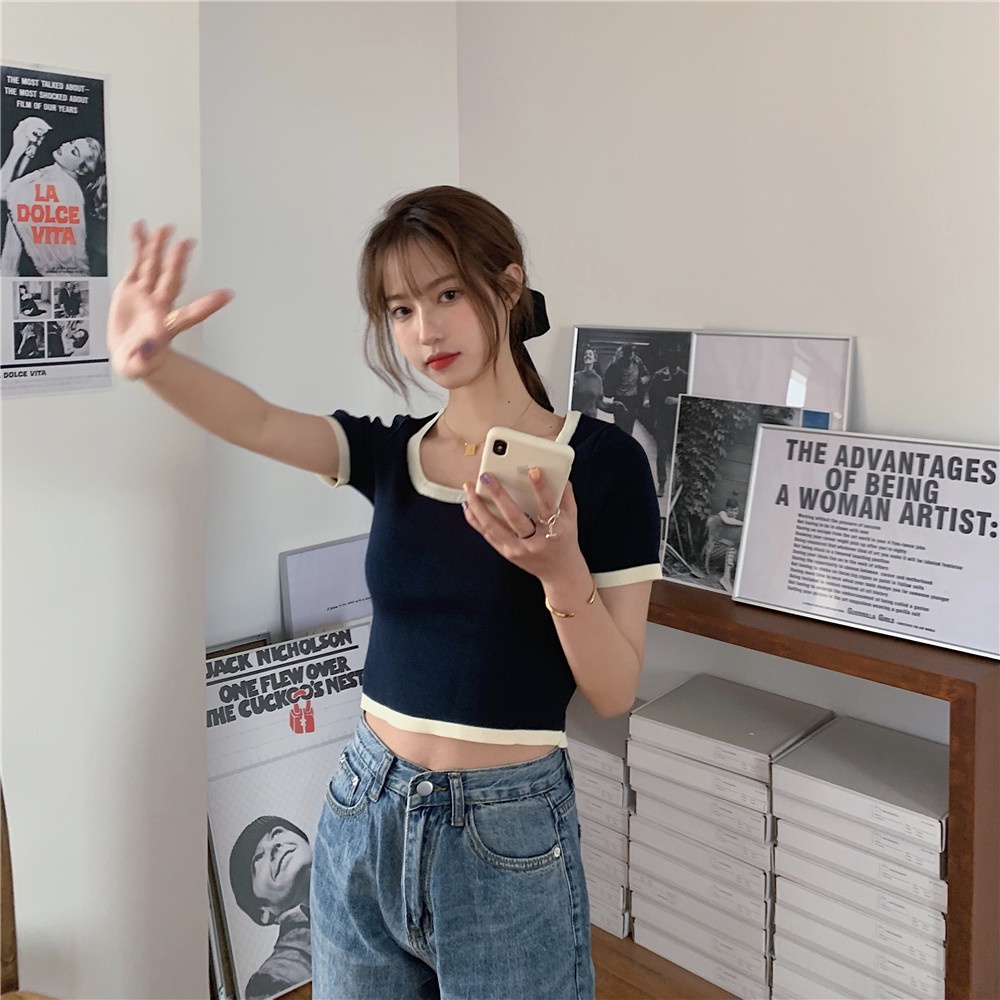 Áo thun nữ ZHELIHANGFEI tay ngắn phối màu trơn thời trang