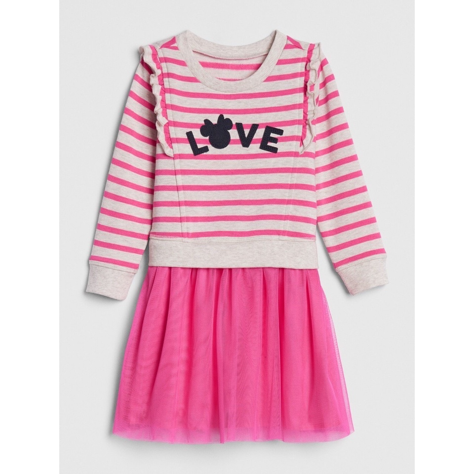 Váy nỉ bông mỏng Baby Gap kẻ hồng be chữ Love chân voan hồng