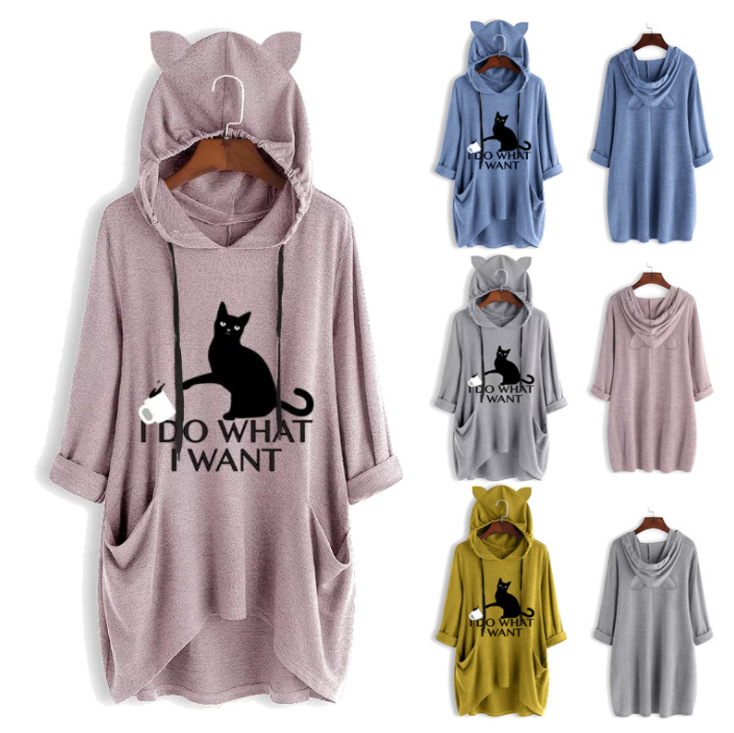 Đầm Hoodie Dệt Kim Tay Dài Dáng Rộng In Hình Mèo Kích Thước S-5XL Mới