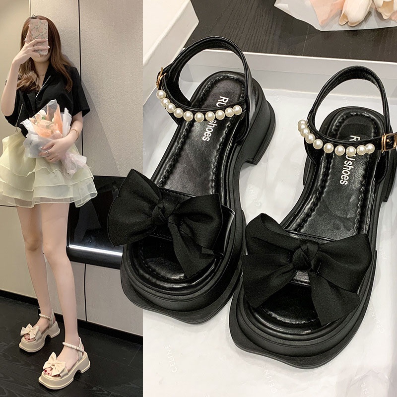 Giày sandal IELGY đế dày đính ngọc trai giả thời trang xinh xắn cho nữ